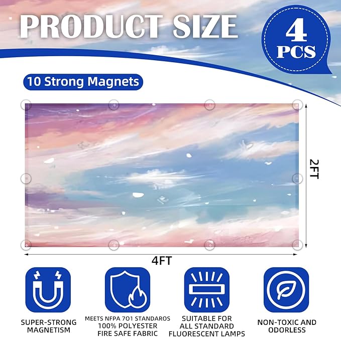 4 Pcs Fluorescent Light Covers - Classroom, Office 4 x 2 Feet Flame Retardant Magnetic Covers for Ceiling Lights Filters (Sunset Glow)