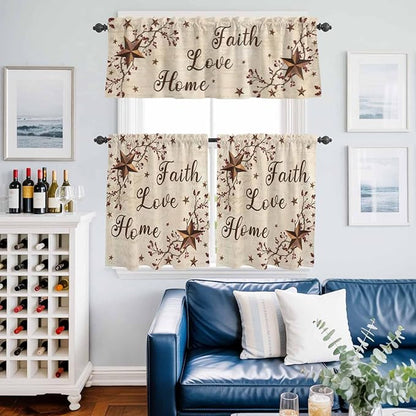 Kitchen Curtains Tiers and Valance Set of 3, Brown Farmhouse Light Filtering Window Curtain Set, Retro Country Stars Rustic Branches Berry Rod Pocket Curtain Drapes for Living Room, 24 Inches Tiers