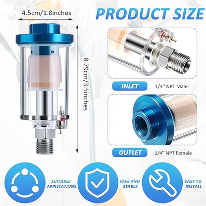 Mudder 2 Pcs Compressed Air Filter Water Oil Separator 1/4 Inch NPT Inlet and Outlet Airbrush Filter Moisture Separator for Air Line Compressor Fitting, 90 PSI