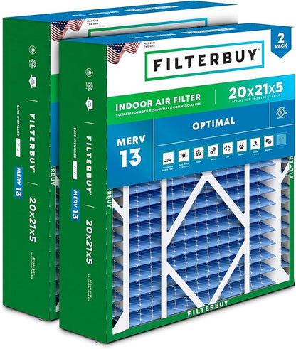 Filterbuy 20x21x5 Air Filter MERV 13 Optimal Smoke & Allergy Defense (2-Pack), Electrostatic Pleated HVAC AC Furnace Filters Replacement for Lennox and Electro-Air (Actual Size: 19.88 x 20.50 x 4.38)