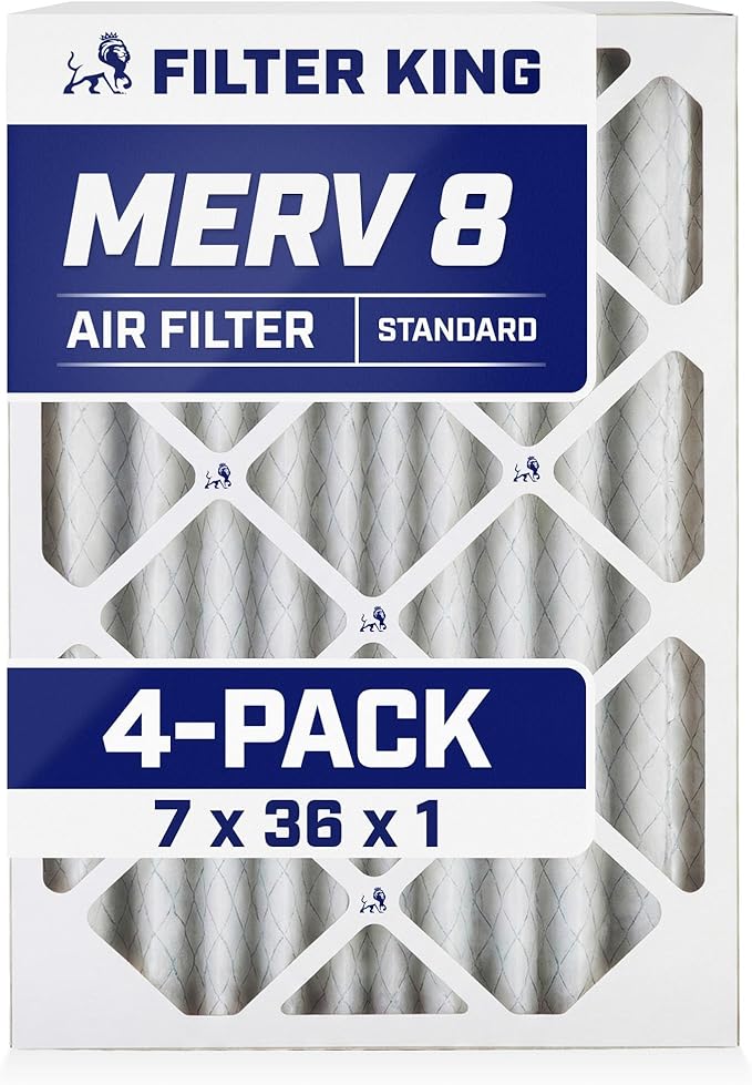 Filter King 7x36x1 Air Filter | 4-PACK | MERV 8 HVAC Pleated A/C Furnace Filters | MADE IN USA | Actual Size: 7 x 36 x .75"