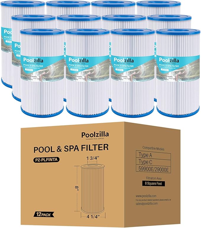 Poolzilla [12 Pack Pool Filter Cartridge for Type A or C, Compatible with Intex 29000E/59900E, Easy Set Pool Filters, Summer Escapes or Summer Waves Above Ground Pools [L x OD: 8" x 4.25'']