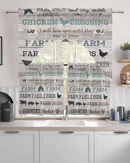 Farmhouse Swag Kitchen Curtains Valance and Tier Set, Green Black Barn Cow Pig Chicken Brown Wood Grain Light-Filtering Swag Valance 24 Inch Length, Rod Pocket Short Curtain for Bedroom Cafe