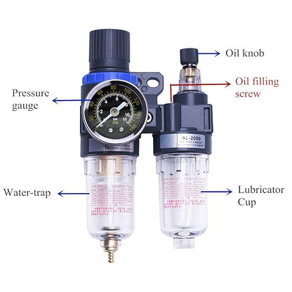1/4" Compressor Air Filter Air Pressure Regulator Water-oil Separator Trap Filter with Lubricator Cup for Air Tools System by ZHONG AN