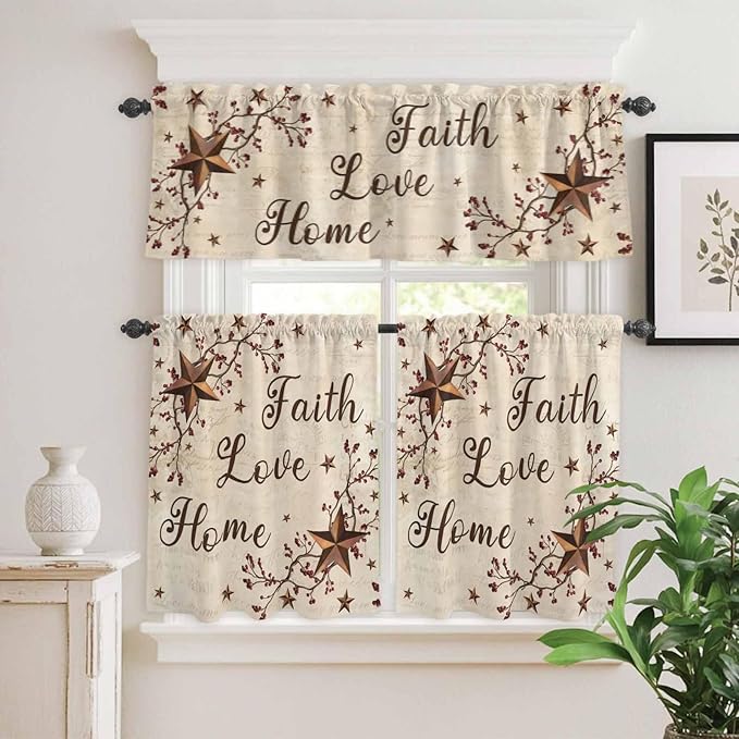 Kitchen Curtains Tiers and Valance Set of 3, Brown Farmhouse Light Filtering Window Curtain Set, Retro Country Stars Rustic Branches Berry Rod Pocket Curtain Drapes for Living Room, 24 Inches Tiers