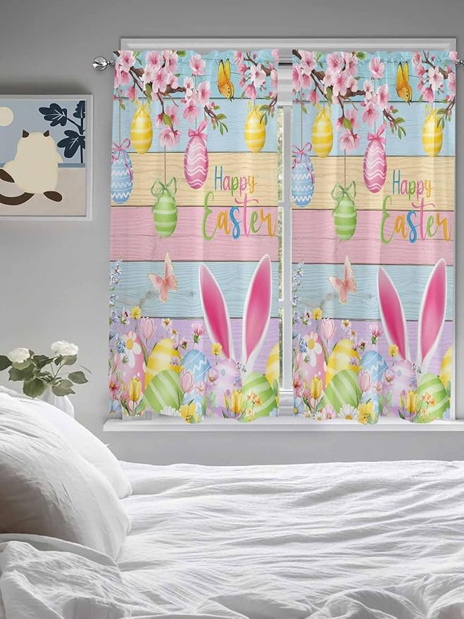 Colorful Easter Bedroom Curtains 63 Inches length, Spring Watercolor Bunny Egg Flower Wood Grain Window Treatment Curtain Drapes, Rod Pocket Curtain Panels for Living Room Kitchen, 42"x63", 2 Panels