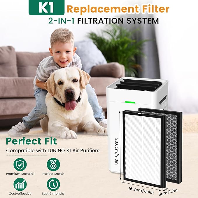 K1 Replacement Air Filter Fit for LUNINO K1 Air Puri-Fier,3-in-1 High-Efficiency H13 True HEPA and Activated Carbon Filter, Double-Sided Activated Carbon and Pre-Filter for Home Large Room,2 Pack