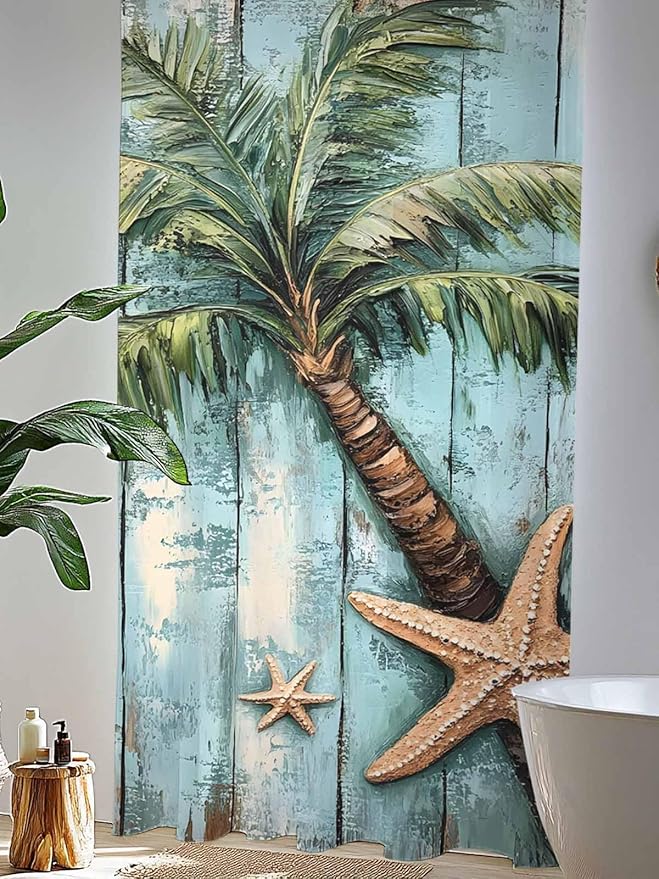Sheer Curtains 108 Inches Long, Coastal Blue Green Tree Semi Sheer Curtains Light Filtering Window Treatment, Beach Tropical Vintage Wood Grain Privacy Voile Drapes for Living Room Bedroom 52x108 Inch