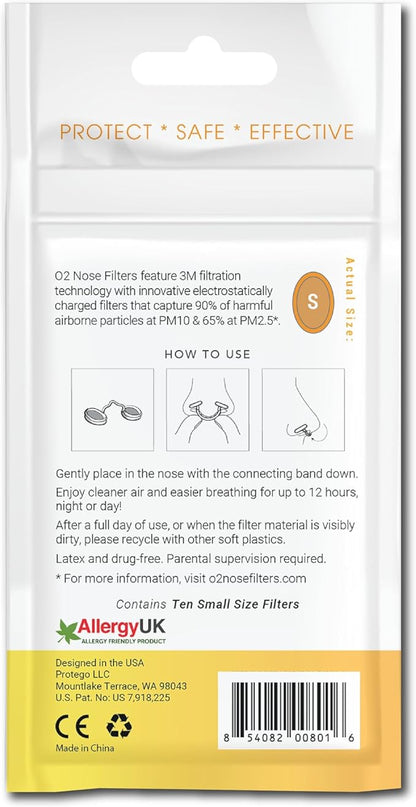 O2 Nose Filters with 3M Filtration - Nasal Screens for Allergies, Dust & Smoke - Drug-Free & Latex-Free Nose Filters - Invisible Allergy Protection (Small x 10)