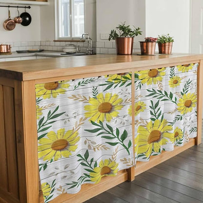 Yellow Daisy Tier Curtains, Farmhouse Country Flower Leaf Plant Wood Grain Light Filtering Kitchen Curtains, 2Pcs Rod Pocket Half Window Treatments Panels for Sink Cafe Cabinet Camper 27.5x36 Inches