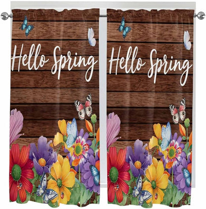 Spring Flowers Bedroom Curtains 63 Inches length, Watercolor Farmhouse Colorful Wooden Grain Window Treatment Curtain Drapes, Rod Pocket Curtain Panels for Living Room Kitchen, 42"x63", 2 Panels