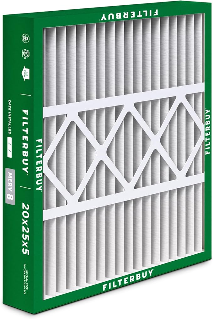 Filterbuy 20x25x5 Air Filter MERV 8 Essential Dust & Allergy Defense (4-Pack), Pleated HVAC AC Furnace Filters for Honeywell FC100A1037, Lennox X6673, and More (Actual Size: 19.88 x 24.75 x 4.38)