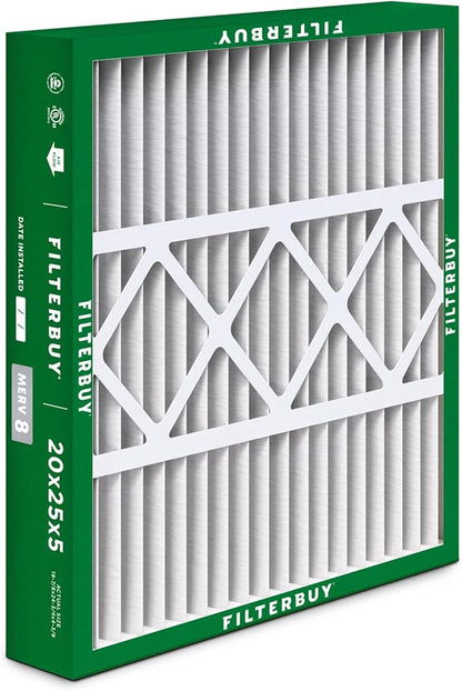Filterbuy 20x25x5 Air Filter MERV 8 Essential Dust & Allergy Defense (2-Pack), Pleated HVAC AC Furnace Filters for Honeywell FC100A1037, Lennox X6673, and More (Actual Size: 19.88 x 24.75 x 4.38)