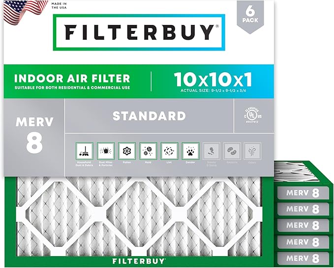 Filterbuy 10x10x1 Air Filter MERV 8 Essential Dust & Allergy Defense (6-Pack), Electrostatic Pleated HVAC AC Furnace Filters Replacement, Made in USA (Actual Size: 9.50 x 9.50 x 0.75)