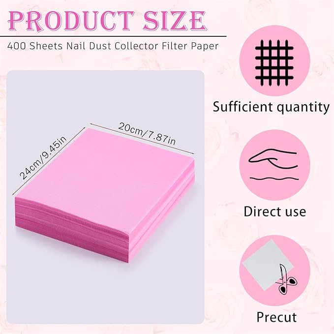 400 Sheets Nail Dust Collector Filter Paper Disposable Nail Dust Suction Collector Filters Paper Sheets Portable for Salon Spa Tech Supplies Accessories (Pink)