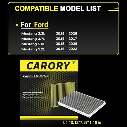 Cabin Air Filter w/Activated Carbon for Ford Mustang 2015 2016 2017 2018 2019 2020 2021 2022 2023 2024, FR3Z-19N619-A, CF12152, FP-78
