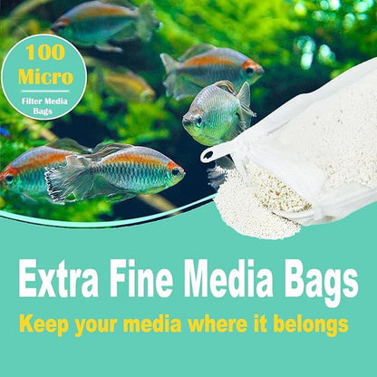 AQUANEAT Aquarium Filter Media Bags 15pcs Fish Tank Extra Fine 100 Micron Mesh Bags with Plastic Zipper for Activated Carbon (3" x 8")