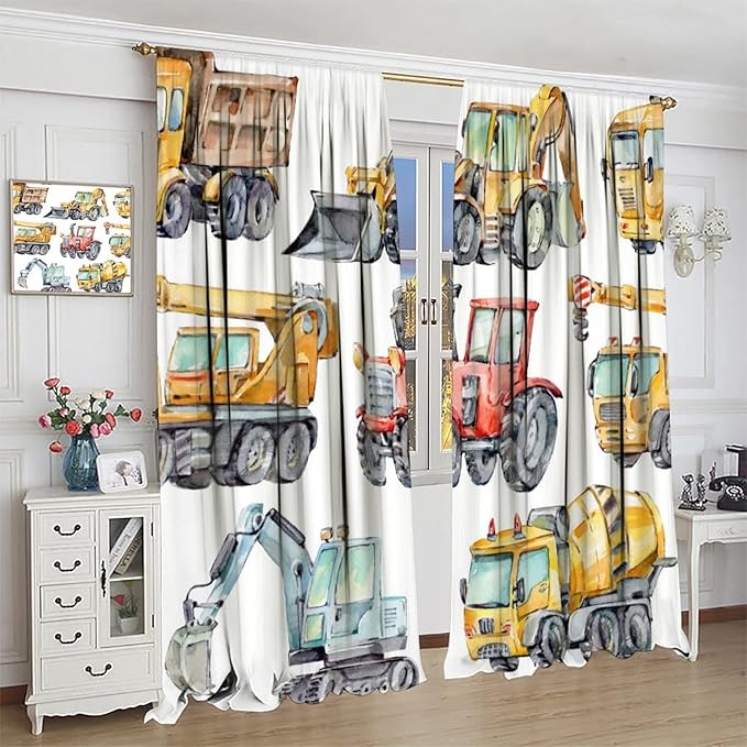 Kids Excavator Curtains, Retro Truck Tractor Machinery Construction Vehicle Crane Digger Mixer Rod Pocket Decorative Windows Curtain for Teens Girls Boys Room 42x54in (30% Blackout)