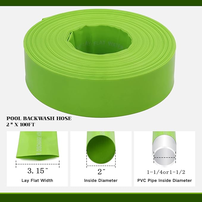 Eastrans 2'' x 100 FT Pool Backwash Hose with 2 Hose Clamps,Extra Heavy Duty Discharge Hose,Drain Hose for Swimming Pool,Super wear-resistant,weather blast,green