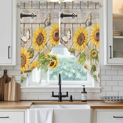 Farm Flowers Swag Valances for Windows, Retro Sunflowers Barn Doors Butterfly Wood Board Rod Pocket Kitchen Curtains Valance, Kitchen Window Curtains Swag for Cafe Living Room, 2 Panels, 36x45 inch