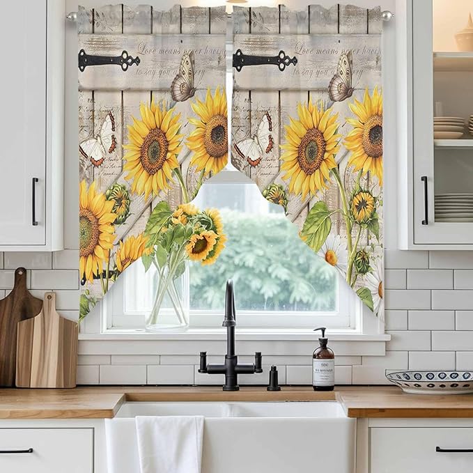 Farm Flowers Swag Valances for Windows, Retro Sunflowers Barn Doors Butterfly Wood Board Rod Pocket Kitchen Curtains Valance, Kitchen Window Curtains Swag for Cafe Living Room, 2 Panels, 36x63 inch