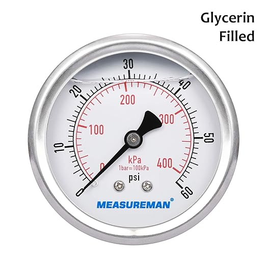 MEASUREMAN 2-1/2inch Dial Size, Liquid Filled Pressure Gauge, 0-60psi/400kpa, 304 Stainless Steel Case, 1/4inchNPT Back Mount