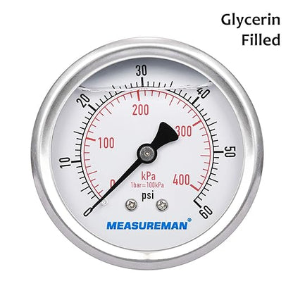 MEASUREMAN 2-1/2inch Dial Size, Liquid Filled Pressure Gauge, 0-60psi/400kpa, 304 Stainless Steel Case, 1/4inchNPT Back Mount