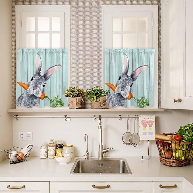 Easter Kitchen Curtain Set, Spring Rabbit Botanical Carrots Green Wooden Grain Window Valance and Tiers 36" Length, Light Filtering Short Curtains Valance for Cafe Bathroom Bedroom 54"x18"