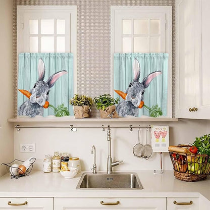 Easter Kitchen Curtain Set, Spring Rabbit Botanical Carrots Green Wooden Grain Window Valance and Tiers 36" Length, Light Filtering Short Curtains Valance for Cafe Bathroom Bedroom 54"x18"