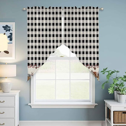 Swag Curtain Valances for Kitchen Windows,Farm Wooden House Black Buffalo Plaid Short Rod Pocket Window Valance,Western Star Swag Topper for Bedroom Living Room,2 Panels 36x63in