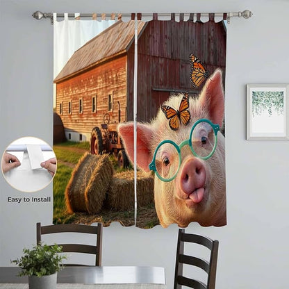 Farm Pig Living Room Curtains 84 Inch Length, Window Curtains Tab Top, Farmhouse Barn Funny Animals Butterfly Light Filtering Window Treatments Drapes 52"x84" 2 Panel