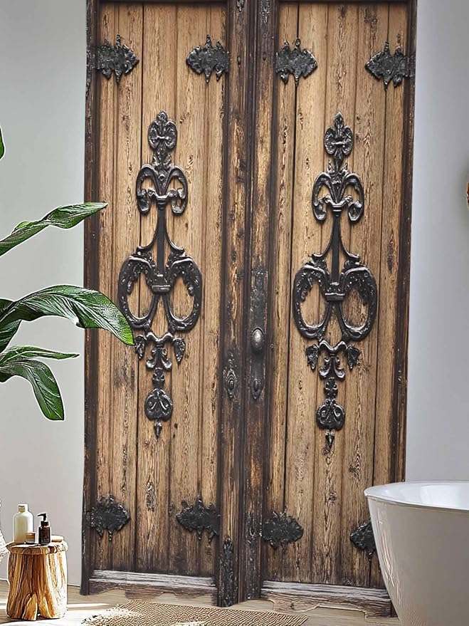Sheer Curtains 96 Inches Long, Barn Door Semi Sheer Curtains Light Filtering Window Treatment, Farmhouse Wooden Grain Rustic Tribal Pattern Privacy Voile Drapes for Living Room Bedroom 52x96 Inch