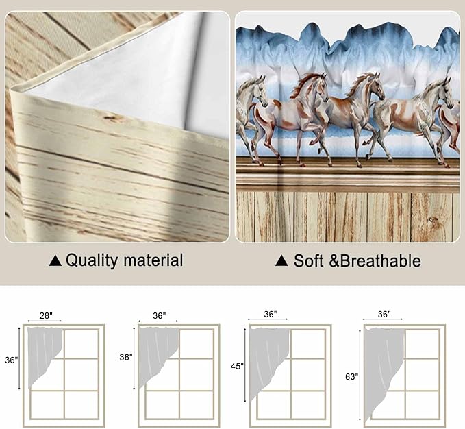 Western Horse Swag Valances for Windows, Farmhouse Wooden Grain Vintage Cowboy Barn Door Rod Pocket Kitchen Curtains Valance, Kitchen Window Curtains Swag for Cafe Living Room, 2 Panels, 36x63 inch