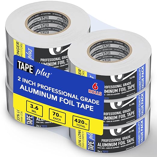 TapePlus Aluminum Foil Tape - Heat Resistant Tape & High Temperature Seal - Thermal Duct Insulation & HVAC Seal - Waterproof Metal Adhesive for Ductwork - Pack of 6, 2 in x 210 ft, Silver