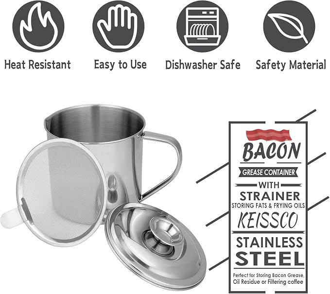 Bacon Grease Container with Strainer, Stainless Steel Oil Storage Can Container with Fine Mesh Strainer Fat Container Pot with Filter Screen, 1.25 QT / 5 Cups Grease Keeper Cooking Oil Keeper