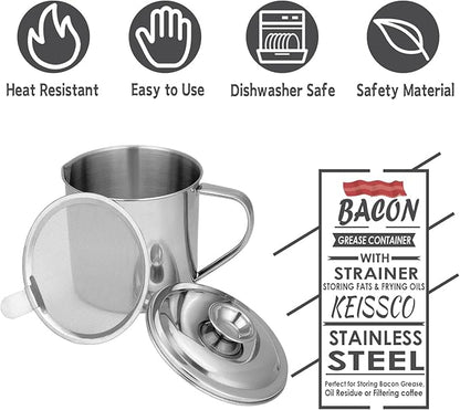 Bacon Grease Container with Strainer, Stainless Steel Oil Storage Can Container with Fine Mesh Strainer Fat Container Pot with Filter Screen, 1.25 QT / 5 Cups Grease Keeper Cooking Oil Keeper