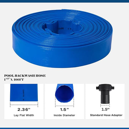 Eastrans 1 1/2 in x 100 ft Pool Backwash Hose Kit with Female NPT Adapter,Heavy Duty Discharge Pump Hose for Swimming Pool,Reinforced Pool Drain Hose with 2 Clamps and Thread Seal Tape,6 Bar