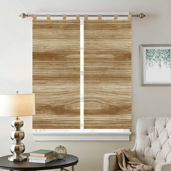 Light Brown Wood Grain Bathroom Curtains 63 Inch Length, Window Curtains Tab Top, Western Farmhouse Barn Door Light Filtering Window Treatments Drapes 52"x63" 2 Panel