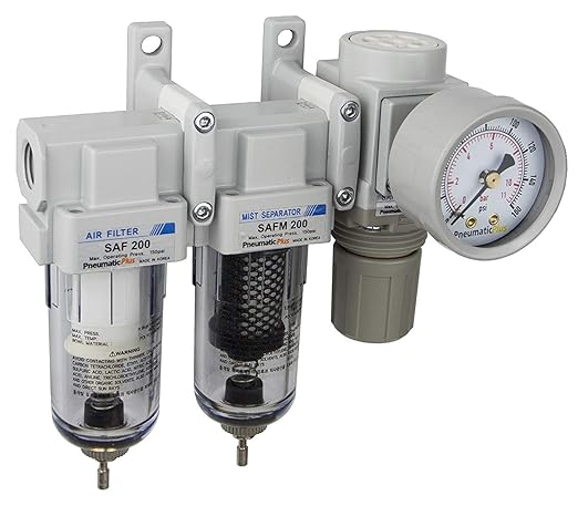 PneumaticPlus SAU230-N02G Three Stage Air Drying System, 1/4" NPT - Particulate Air Filter, Coalescing Filter, Air Pressure Regulator Combo - Poly Bowl, Manual Drain, Bracket, Gauge
