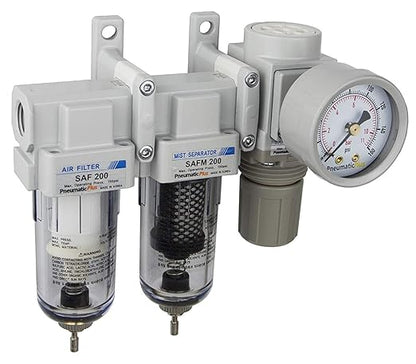 PneumaticPlus SAU230-N02G Three Stage Air Drying System, 1/4" NPT - Particulate Air Filter, Coalescing Filter, Air Pressure Regulator Combo - Poly Bowl, Manual Drain, Bracket, Gauge