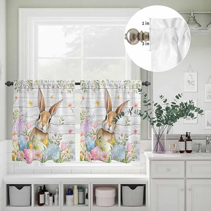 Kitchen Curtains Tiers and Valance Set of 3, Easter Light Filtering Window Curtain Set, Rustic Spring Bunny Eggs Botanical Grey Wooden Rod Pocket Curtain Drapes for Cafe, Living Room, 24 Inches Tiers