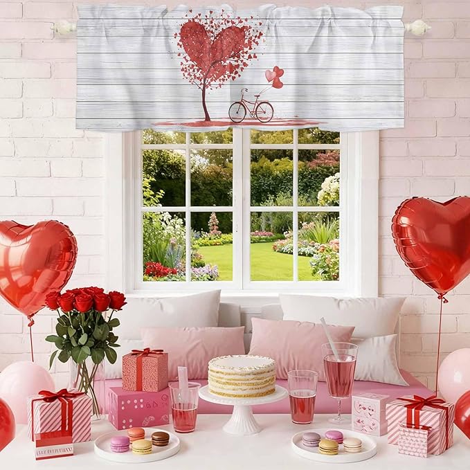 Valentine's Day Valance Curtains for Kitchen, Red Love Trees Bicycles Balloons Wood Grain Privacy Rod Pocket Valance Curtain, Light-Filtering Window Treatment for Bedroom Bathroom, 60"x18"