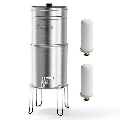 Culligan MaxClear 3 Gallon Gravity Water Filter System, Brushed Stainless-Steel Countertop Water Filter NSF/ANSI Certified to Reduce Microplastics, Lead & Total PFAS, with 2 Ceramic Filters