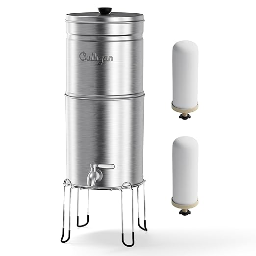Culligan MaxClear 3 Gallon Gravity Water Filter System, Brushed Stainless-Steel Countertop Water Filter NSF/ANSI Certified to Reduce Microplastics, Lead & Total PFAS, with 2 Ceramic Filters