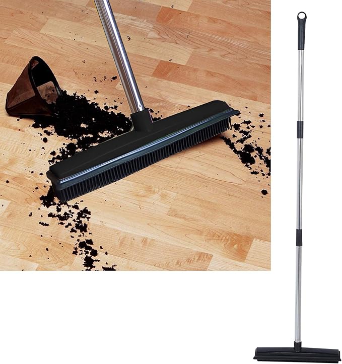 Multifunctional Broom, Telescopic Carpet Rake Rubber Pp 12.6in Brush Easy Wash Floor Carpet Broom for Pet Hair Dust Removal Tile Window Cleaner (Black)