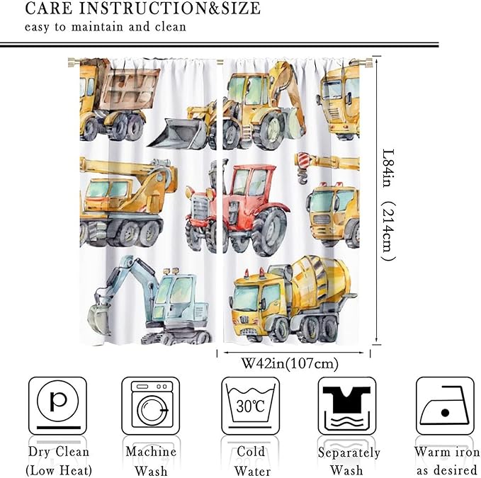 Kids Excavator Curtains, Retro Truck Tractor Machinery Construction Vehicle Crane Digger Mixer Rod Pocket Decorative Windows Curtain for Teens Girls Boys Room 84x84in (30% Blackout)