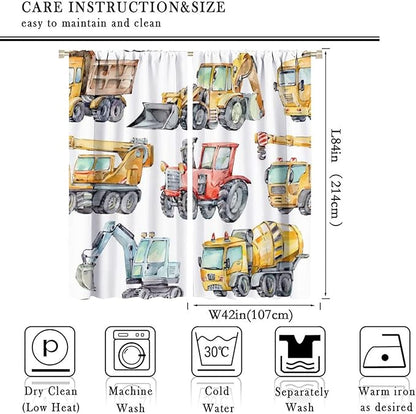 Kids Excavator Curtains, Retro Truck Tractor Machinery Construction Vehicle Crane Digger Mixer Rod Pocket Decorative Windows Curtain for Teens Girls Boys Room 84x84in (30% Blackout)