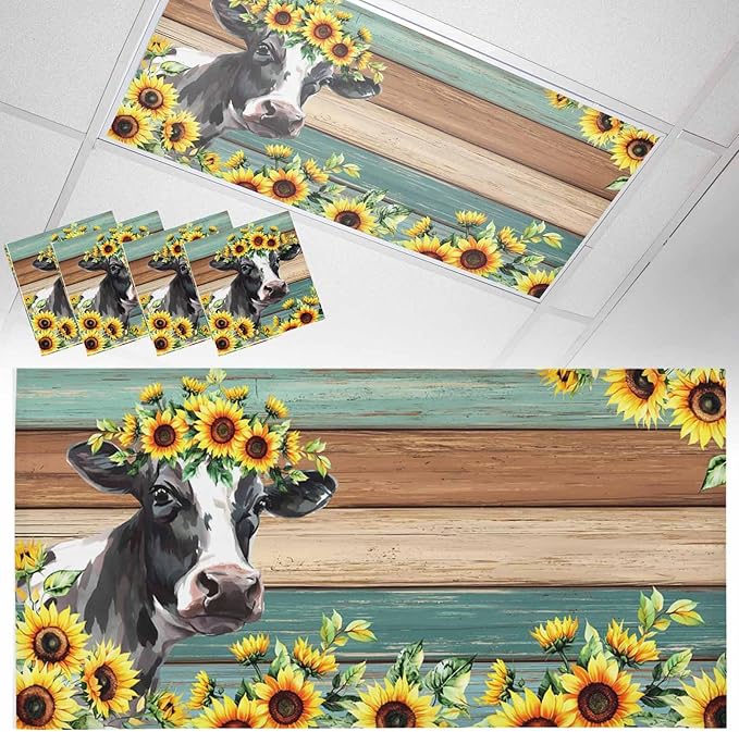 Fluorescent Light Covers Farm Cow Sunflower Magnetic Light Filters Vintage Blue Green Wood Grain Ceiling Light Covers for Classroom Office Home Drop Ceiling Lamp Decor 4 Pieces