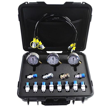 SINOCMP Hydraulic Pressure Test Kit with 3 Gauges(25/40/60Mpa), 12 Test Couplings, 3 Test Hoses(64in) Diagnosis Tester Gauge Kit Set for Excavator Construction Machinery