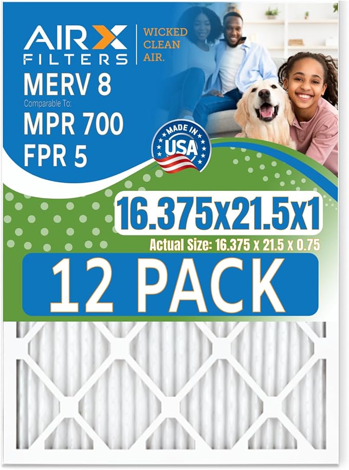 16.375x21.5x1 Air Filter MERV 8 Rating, 12 Pack of Furnace Filters Comparable to MPR 700 & FPR 5 - Made in USA by AIRX FILTERS WICKED CLEAN AIR.